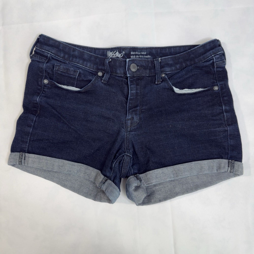 Mossimo Women 6 / 28 Denim Shorts Blue Mid Rise Midi Cuffed Stretch Power